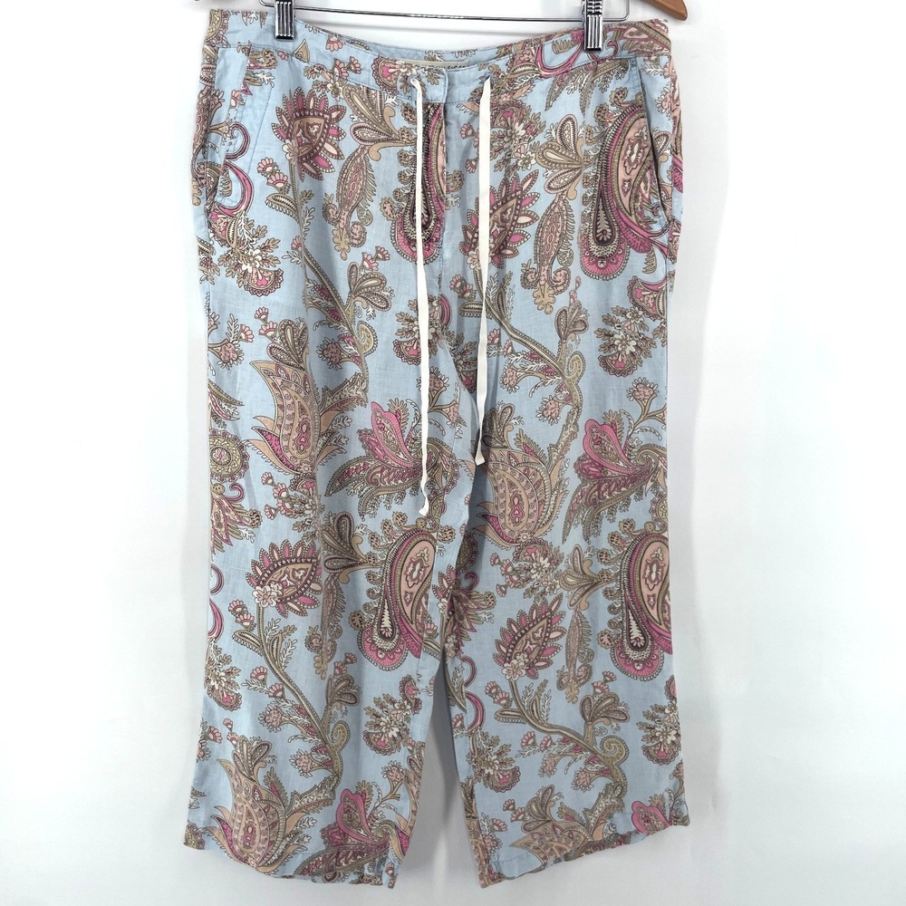 Vtg Y2k Tommy Hilfiger Capri Pants Sz 12 Linen Paisley Floral Boho Coastal Beach
